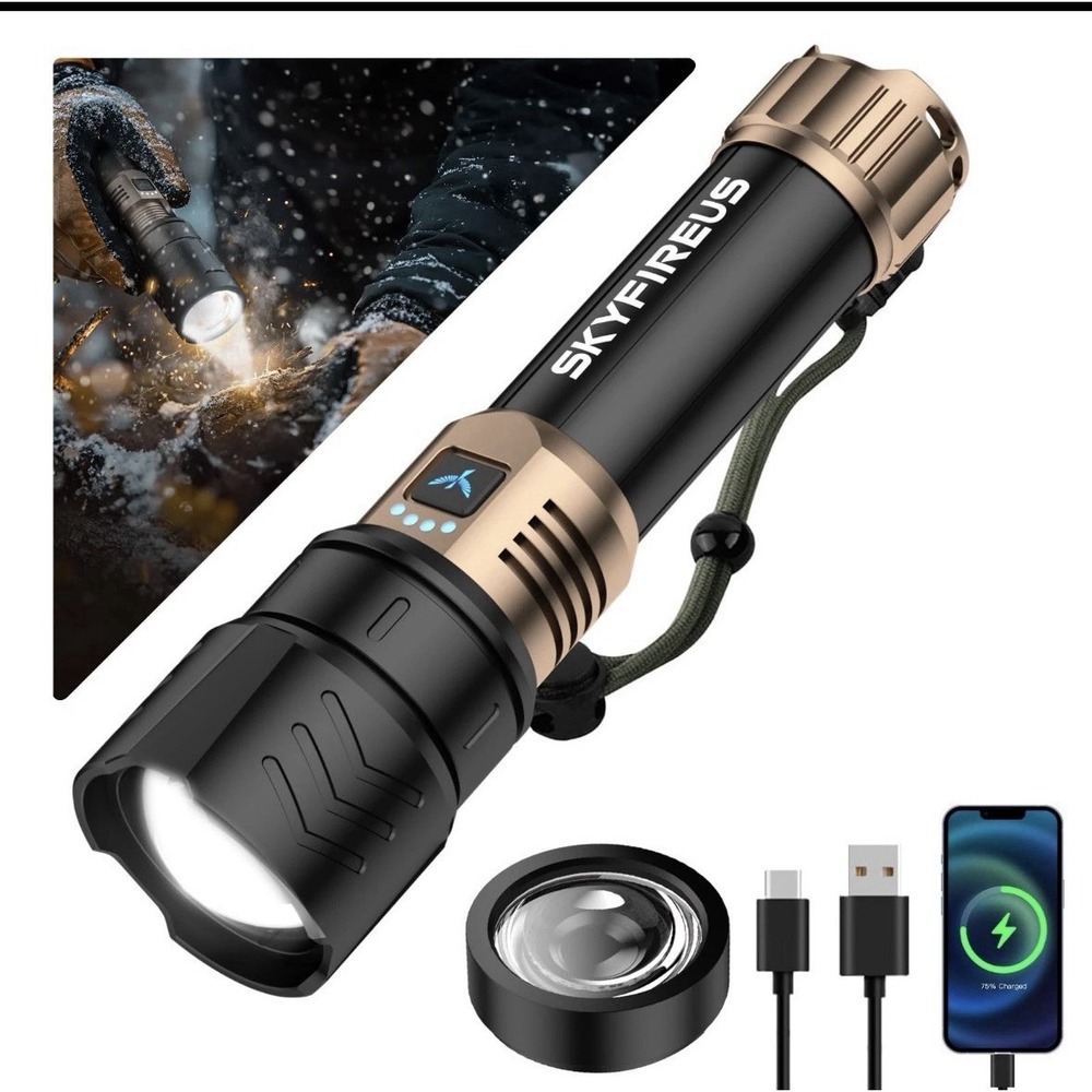 SKYFIRE LED 5000mAh, Rechargeable Flashlight-Black & Gold with Ignition Lens